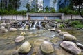 Artificial waterfall and rocks in Cheonggyecheon stream, Seoul, South Korea. Long exposure Royalty Free Stock Photo